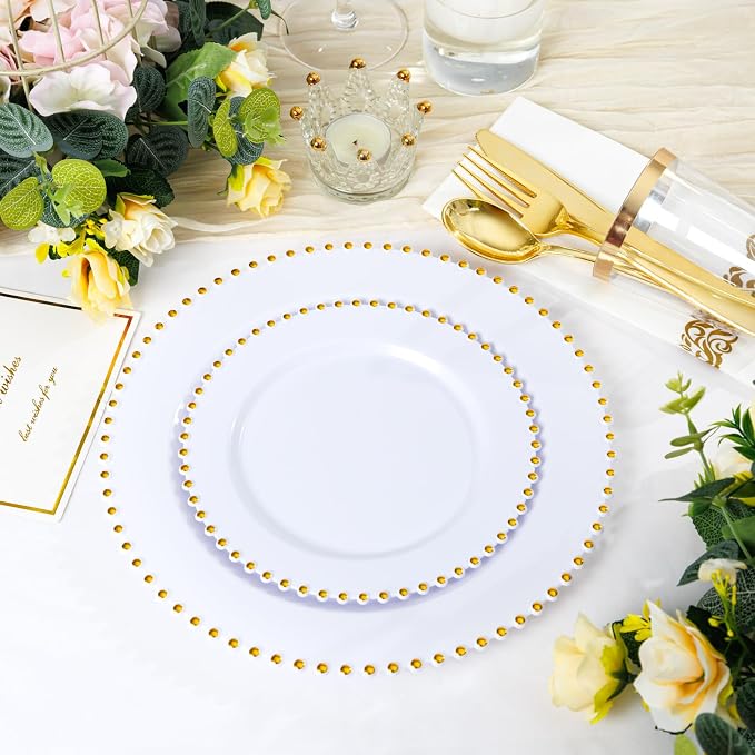 LIYH 350 Pcs White and Gold Plastic Plates - Elegant Disposable Gold Plastic Dinnerware Set Include Dinner & Dessert Plates Cups Napkins for Birthday Party Wedding