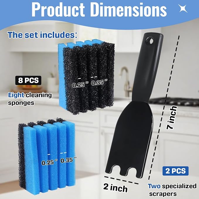 8 Pcs Grill Sponge + 2 Pcs Grill Scraper – Cleaning Sponge 12207 and Grill Scraper – Compatible with George Foreman Grill – for Indoor & Outdoor Grills with Grooves and Sandwich Makers