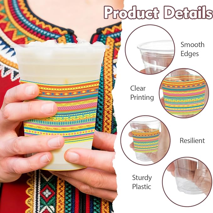 100Pcs Mexican Plastic Party Cups, 12oz Fiesta Disposable Clear Cups Margarita Cinco De Mayo Cup for Party Decorations, Mexico Taco Carnival, Birthday Party Drinking Supplies
