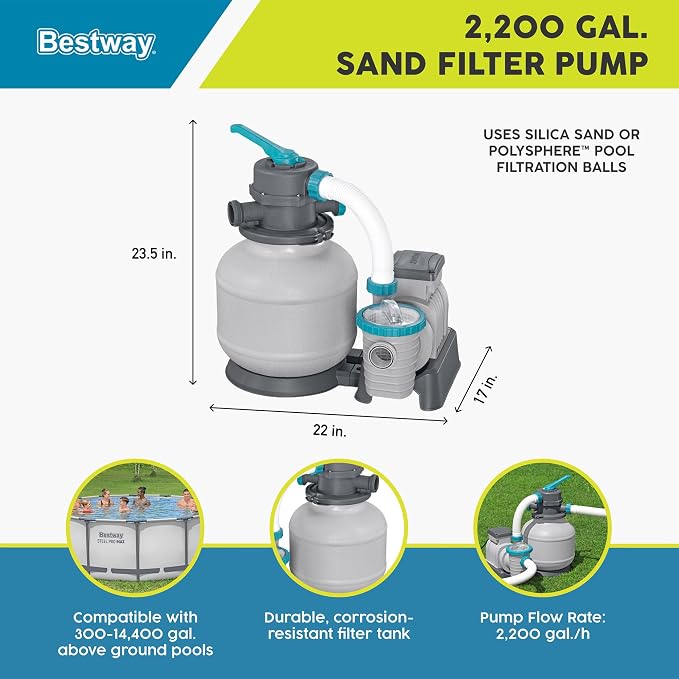 Bestway 2,200 Gallon Sand Filter Pool Pump for Above Ground Swimming Pools up to 14,400 Gallons with Pre-Filter Strainer Basket & Valve Adapter Set