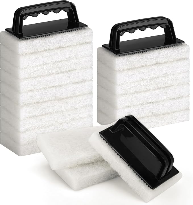 18 Pack Handled Bath Scrubber Set Bathtub Scouring Pad 15 Non-Scratch Bathroom Scrubbing Pads with 3 Handles Reusable Cleaning Sponge for Cleaning Shower Tile Sink Pool Areas