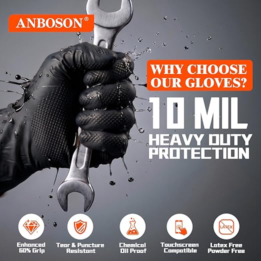 ANBOSON 10mil Nitrile-Gloves Disposable-Black Chemical-Resistant Rubber - Mechanic Gloves Heavy Duty, Latex Free, Diamond Grip (500, Large)