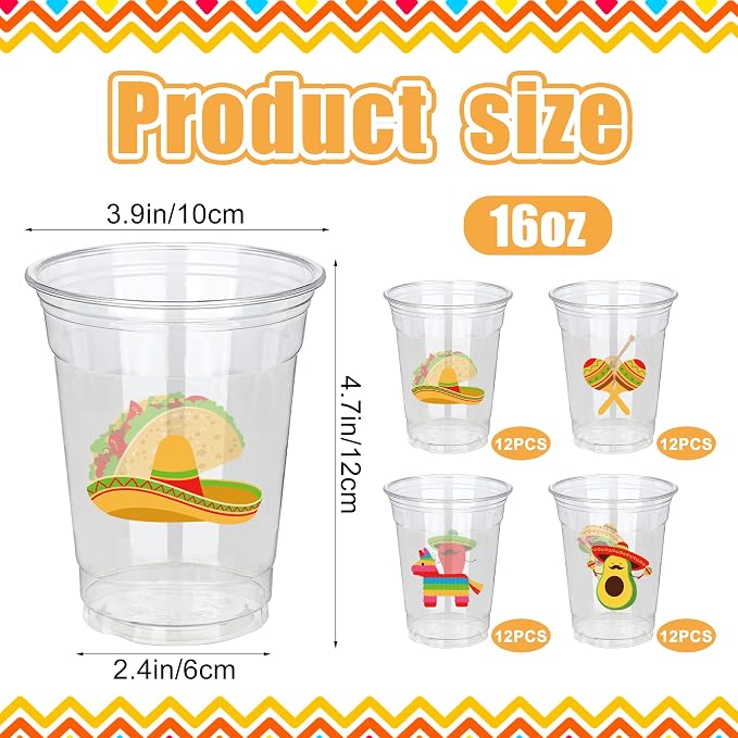 50 Pcs Mexican Fiesta Plastic Cups 16 oz Mexican Party Cups Cinco De Mayo Disposable Cup Clear Drinking Cup Bulk for Taco Birthday Hispanic Heritage Month Party Supplies
