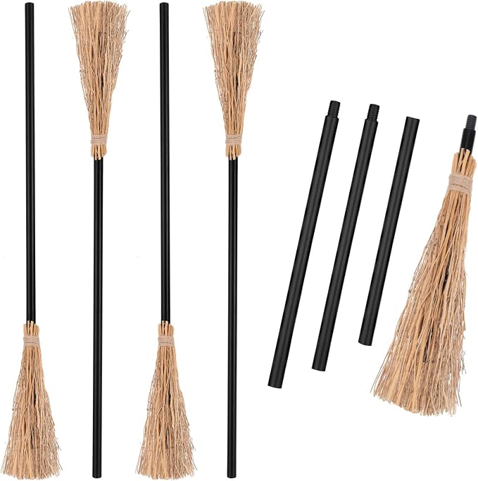 4 Pieces Halloween Witch Broom 52 Inch Plastic Detachable Wizard Broomstick Halloween Witches Cosplay Broom Wizard Costumes Realistic Props Accessories