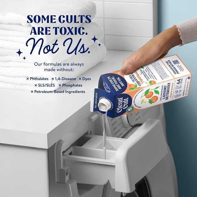 Cleancult Ultra Concentrated Liquid Laundry Detergent, 192 loads (96 oz), Long Lasting Scent, 90% Less Plastic, No Harsh Chemicals, Orange Blossom, Defeats Stains & Odors, HE/Standard Compatible