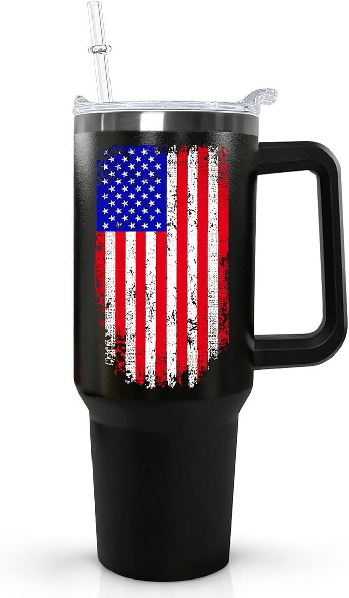 Ceovfoi American Flag Tumbler with Handle,40 oz Dad Vacuum Insulated Stainless Steel Travel Tumblers,Patriotic Military Gifts For Veterans, Police, Fathers Day, 4th of July
