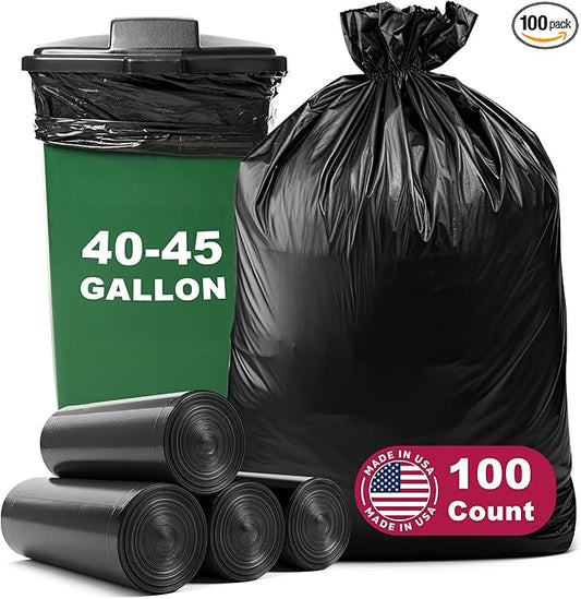 40-45 Gallon Garbage Bags, 40"x48", Pack of 100, Heavy Duty Large Trash Bag, Strong Trash Can Liners for Office, Picnic, Kitchen, Commercial, Made in USA