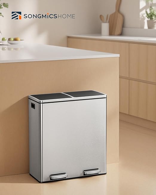 SONGMICS HOME Trash Can with 2 Compartments for Kitchen, Garbage Can with 15 Trash Bags, Silver