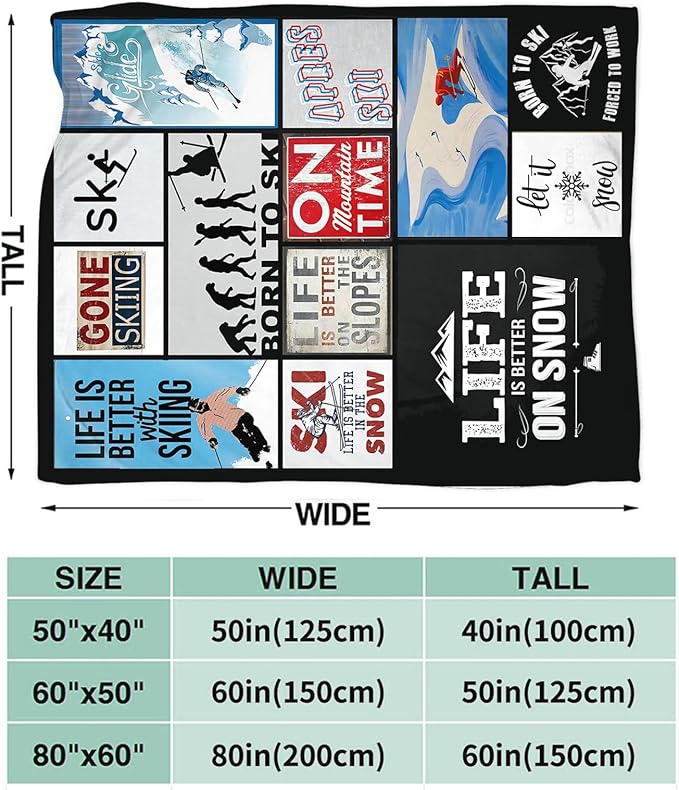 Tijuboni Ski Throw Blanket Skiing Gifts for Girls Boys Women Men Kids Adults Soft Flannel Fleece Blanket for Couch Sofa Bed Home Decor 60"x80"