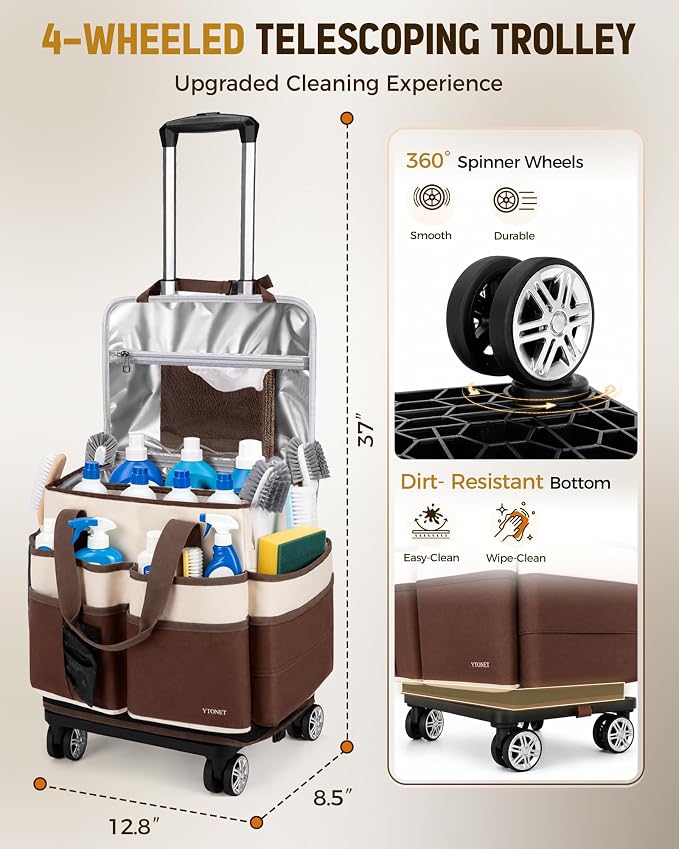 Ytonet Large Cleaning Caddy with 4 Spinner Wheels, Wearable Rolling Cleaning Caddy Bag with Cleaning Apron, Detachable Trolley Portable Cleaning Supplies Organizer Cart for Housekeepers, Car, Tool