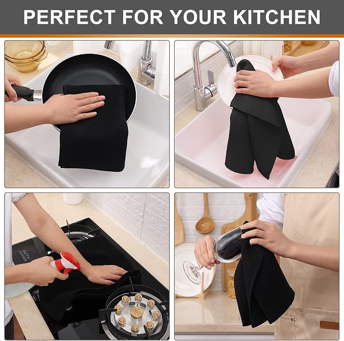 Kitinjoy 100% Cotton Waffle Weave Kitchen Hand Towels (13 x 28 Inches, Black), 8-Pack Super Soft and Absorbent Dish Towels for Drying Dishes