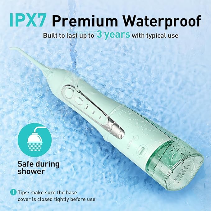 COSLUS Water Dental Flosser Teeth Pick C20: Portable Cordless Oral Irrigator 300ML Rechargeable Travel Irrigation Cleaner IPX7 Waterproof Electric Flossing Machine for Teeth Cleaning, Green