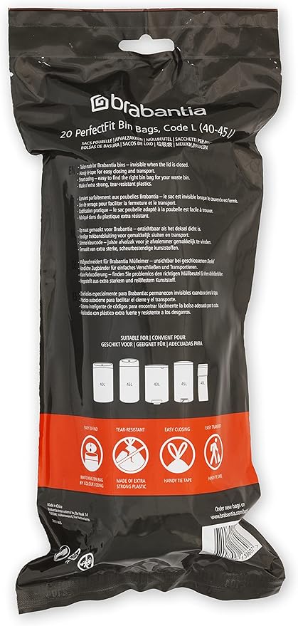 Brabantia PerfectFit Trash Bags (Size L/10.6-12 Gal) Thick Plastic Trash Can Liners with Drawstring Handles (120 Bags)