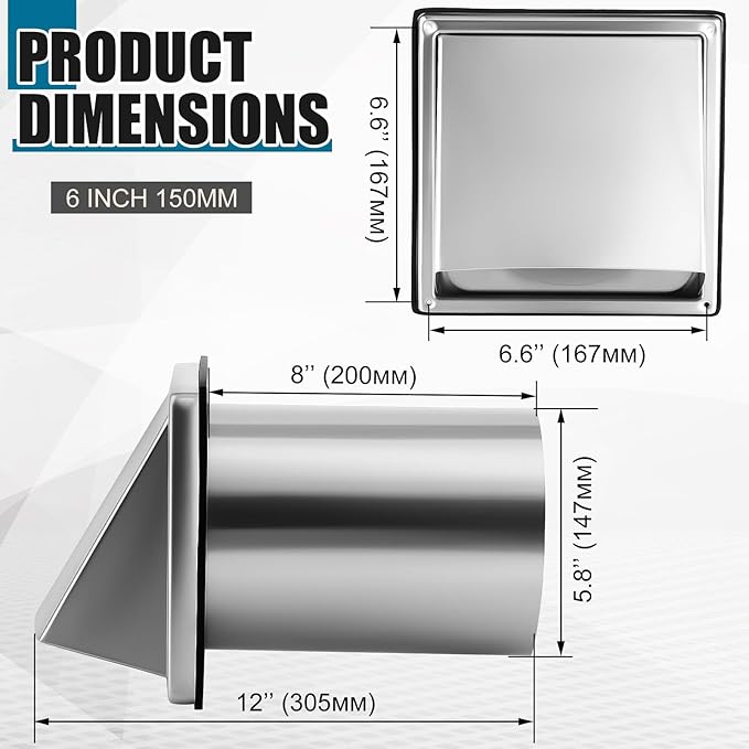 Gisafai 6 Inch Outside Hooded Wall Vent Stainless Steel Exhaust Vent Cover Cap with Extension Pipe Grille Screen Backdraft Damper for Range Hood Whole House Fans and Commercial Ventilation Systems