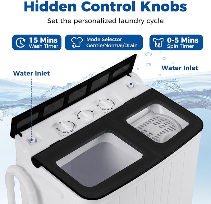 Giantex Portable Washing Machine, 18LBS Twin Tub Mini Compact Laundry Washer Spinner Combo with Drain Pump, 11Lbs Washer and 7Lbs Spinner for Apartments, RVs, Dorms, Black+White