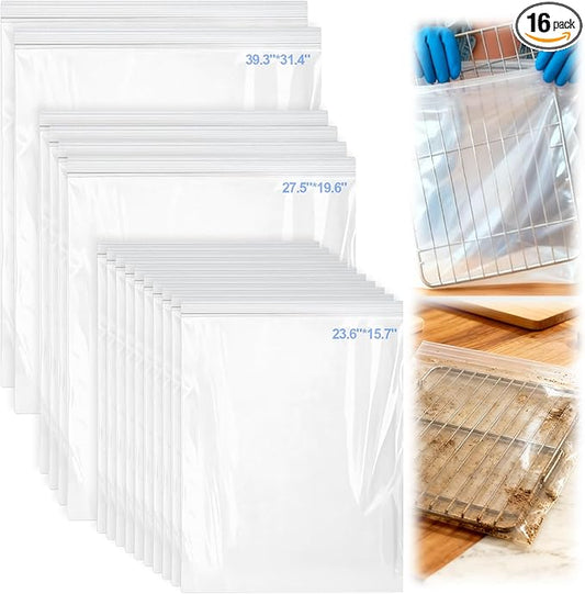 Palksky Oven Rack Cleaning Bags, 3 Sizes Heavy Duty No Scrub Oven Rack Cleaning Bags, Reusable Leak-Resistant PE Bags for Deep Soaking Grill Grates, BBQ Racks, No Cleaner Included, 16 Packs