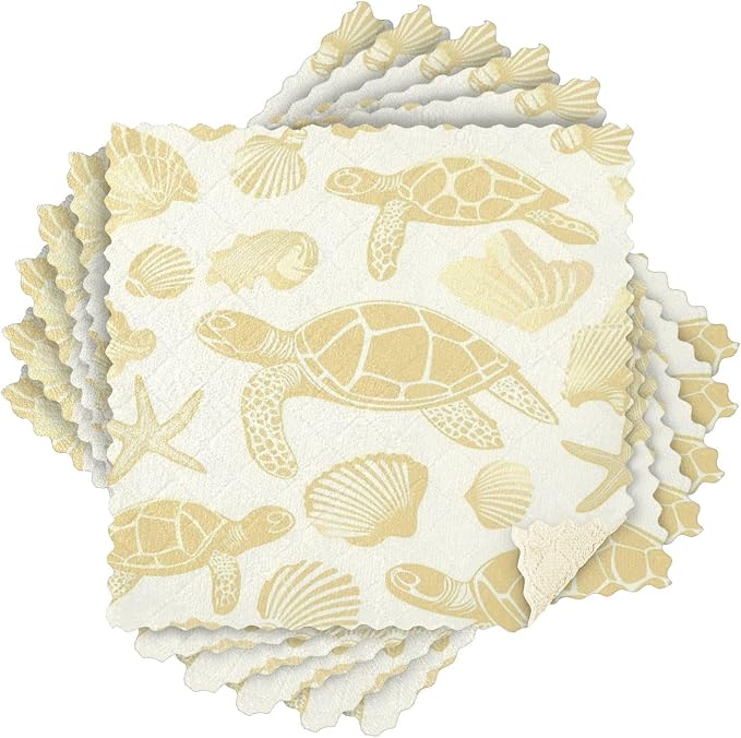 Gold Yellow Turtles Starfish and Seashell Kitchen Towels Dish Cloths Set of 6 Microfiber Cleaning Cloths for Cars Super Absorbent Machine