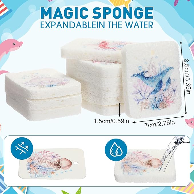 Maxdot 50 Counts Compressed Cellulose Sponges Bulk Sea Animals Style Natural Kitchen Compostable Non Scratch Dish Sponges for Washing Dishes, Cleaning Countertop Sink, Kids DIY