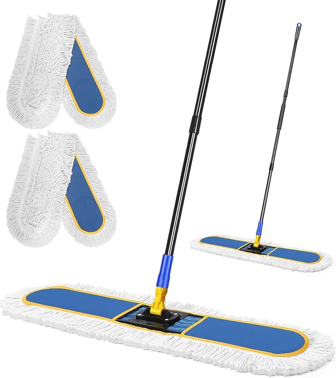 CLDREAM 24" Commercial Dust Mop for Floor Cleaning, Large Industrial Dust Broom Mop with 2 Cotton Reusable Mops Head,Heavy Duty 60" Long Handle Wet Dry Mops for Hardwood