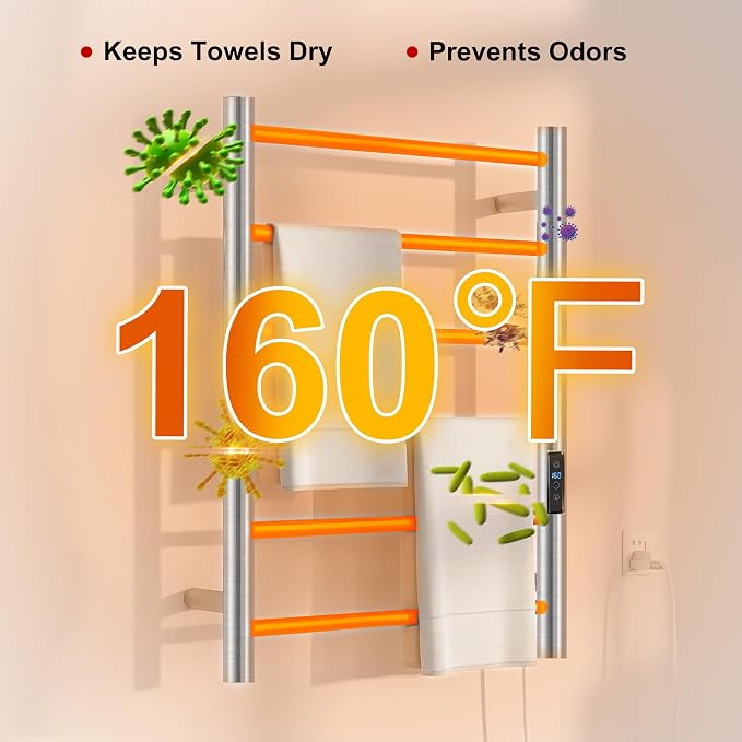 Heated Towel Racks for Bathroom, Wall Mounted Electric Towel Warmer Racks with Timer & Temperature Control, 6 Bar Stainless Steel Towel Heater for Bathroom, Brushed Silver, Plug-in