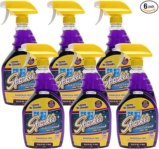 Sparkle Glass Cleaner, Ammonia-Free Streak-Free Formula, 33.8 fl oz Spray Bottle, Safe for Windows, Mirrors & Glass Surfaces (Pack of 6)