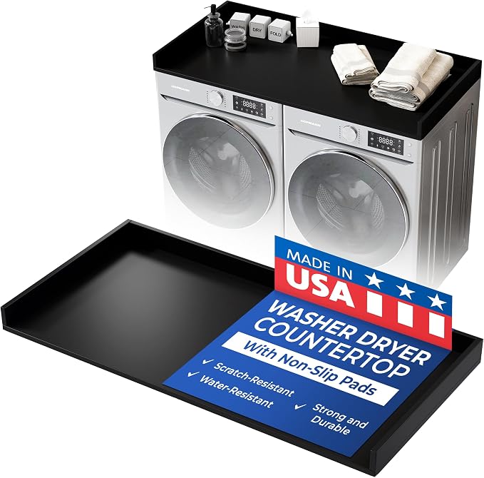 OfficeSimpli Washer Dryer Countertop, Made in USA, Non-Slip Pads, Laundry Room Wood Topper, Washer Dryer Cover for Top, Laundry Countertop, Laminate Finish (Black, Extra Large (30" x 58"))