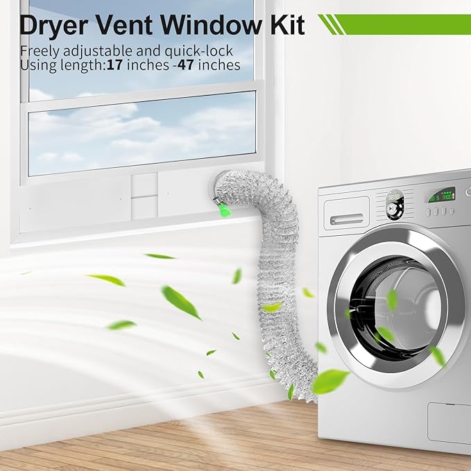 Dry Vent Window Kit for Dryer Vent Hose with 4" Diameter, Adjustable Window Dryer Vent Panels with Adjustable Length Panels and Insulating Foam Seal Strip (Max Length 59 inch)