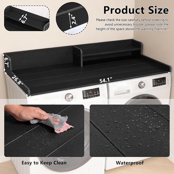 Washer Dryer Countertop, HDPE Laundry Countertop with Storage Shelf and Edge Rails-Black
