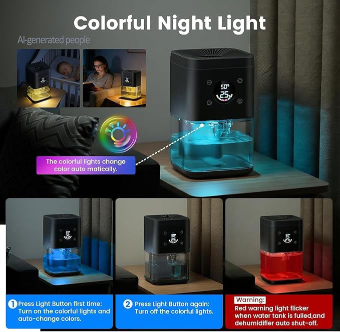 Small Dehumidifier for Bedroom – 63oz 35dB Quiet Auto Dehumidify (60/70%) & Continuous Mode for Bathroom Home Closet RV, Auto Defrost & Auto Shut-Off, 7-Color Light & Timer, Lightweight – Black