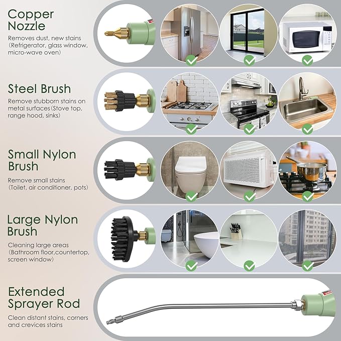 2500W Steam Cleaner, High Pressure High Temperature Steam Cleaning Machine, 1000ml, 3 Bar with 3 Brush Heads (Green)
