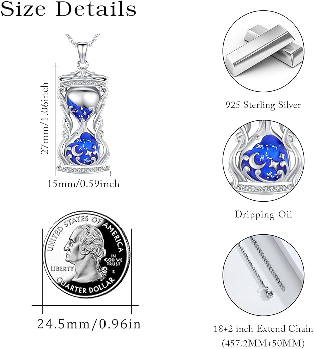 Hourglass Necklace 925 Sterling Silver Sun Moon Star Time Hourglass Pendant Necklaces Blue Memorial Jewelry for Women With 18+2 In Chain