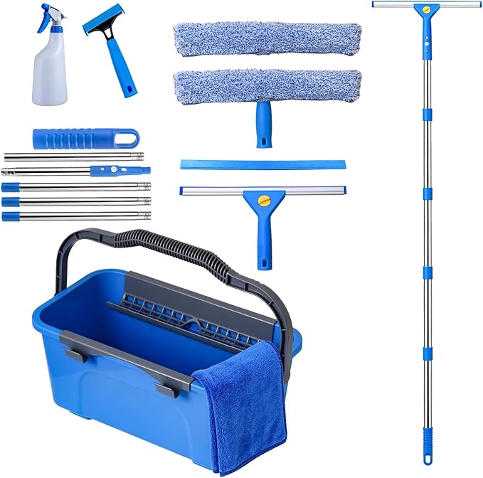 Professional Window Cleaning Kit with 76" Telescopic Pole, Bucket 3 Gallon,2PCS 15" Scrubbers, 2PCS 14" Squeegee, Scraper, Cloth & Sprayer, Window Cleaner Tool for Commercial, Home, Outdoor, Car