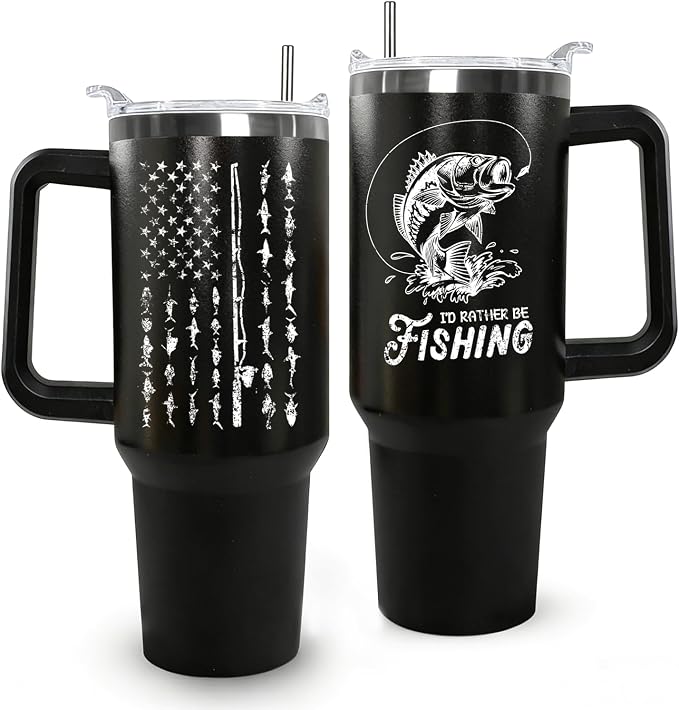 Ceovfoi 40 oz Black Stainless Steel Tumbler With Handle, Fishing Gifts for Men, American Flag Patriotic Cup