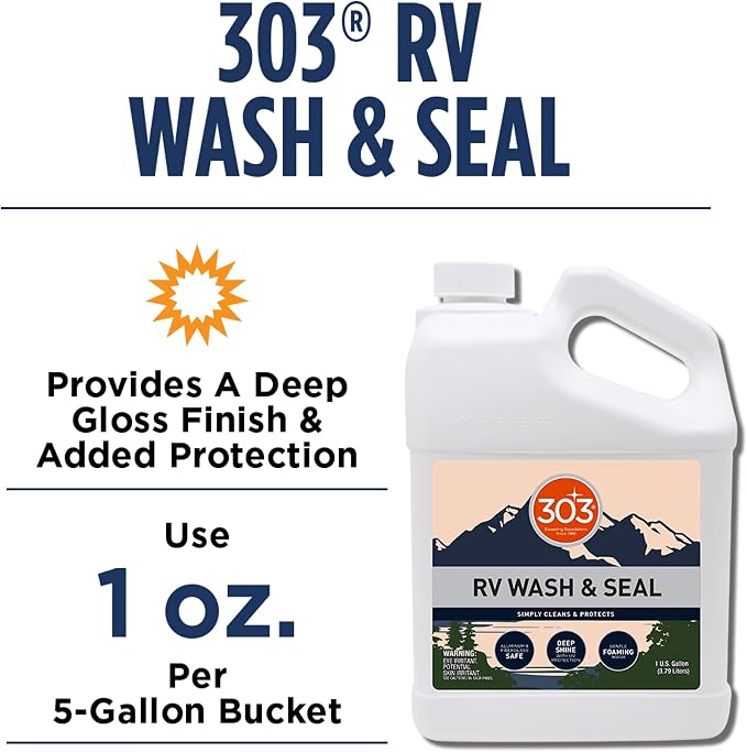 303 Products RV Wash & Seal - Clean, Streak-Free Finish, pH Neutral with High Foaming Formula, Provides A Deep Gloss Finish on RVs, Campers, Pop-ups, and Motorhomes, 1 Gallon (30240)