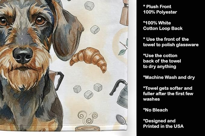 Caroline's Treasures Wirehaired Wild Boar Dachshund Coffee Bar Kitchen Towel Velour Plush Front and Cotton Loop Back Machine Washable