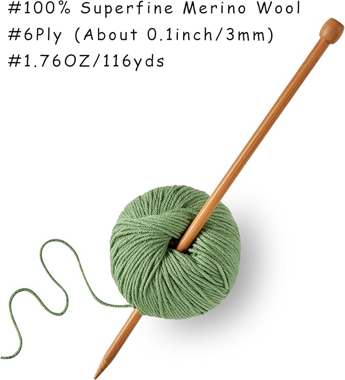 100% Merino Wool Yarn, 6-Ply Luxurious and Soft Yarn for Hand Knitting & Crocheting, 1.76 OZ/50g, 127 yds/116 Meters(Grass Green, 3 Balls)