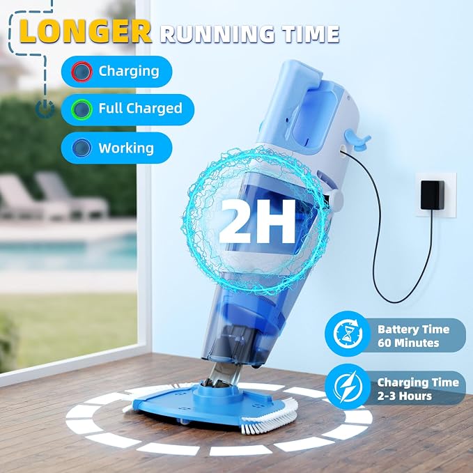 Cordless Pool Vacuum, 1950 GPH Powerful Suction, Handheld Pool Cleaner with Telescopic Pole, 60 Min Runtime, 2L Large Capacity, Rechargeable for Above Ground & Inground Pools, Spas & Hot Tubs