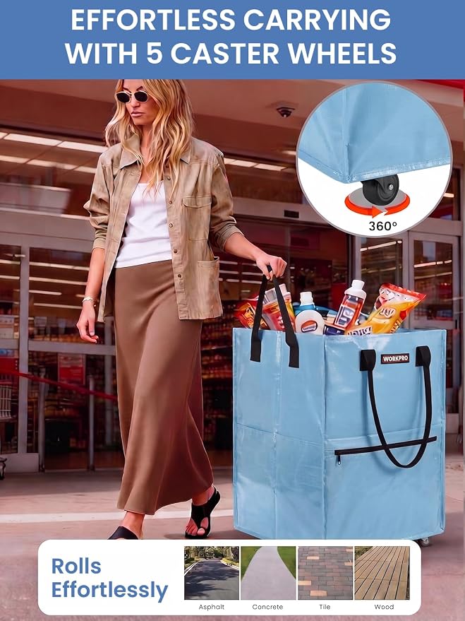 WORKPRO Large Rolling Grocery Bag, 36-Gallon Tote with 5 Wheels, 110 lbs Capacity, Dual Carry, Wide Zipper & Extra Storage for Shopping, Laundry & Moving