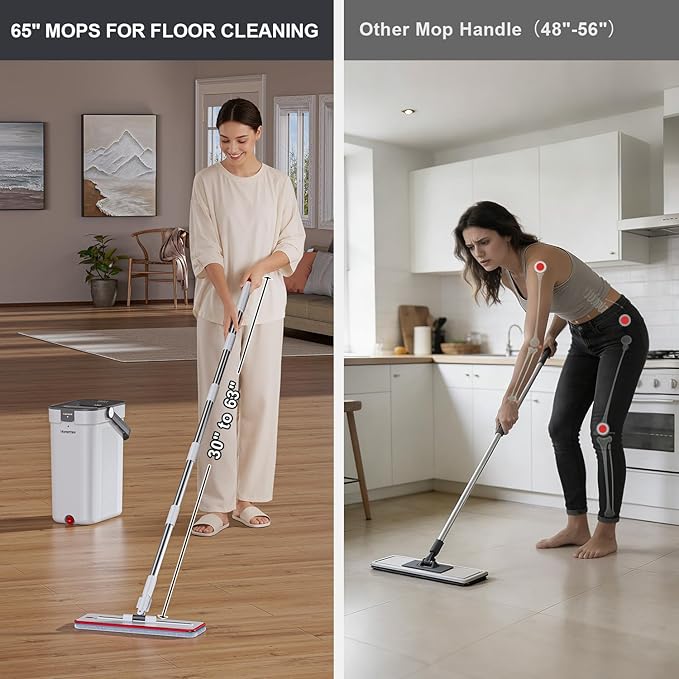 HoMettler Mop and Bucket Set, 3-Tank Flat Mop and Bucket System for Separate Dirty & Clean Water, 65" Mops for Floor Cleaning with 6 Washable Pads, Safe for Hardwood, Vinyl, Tile, Baseboards, Walls