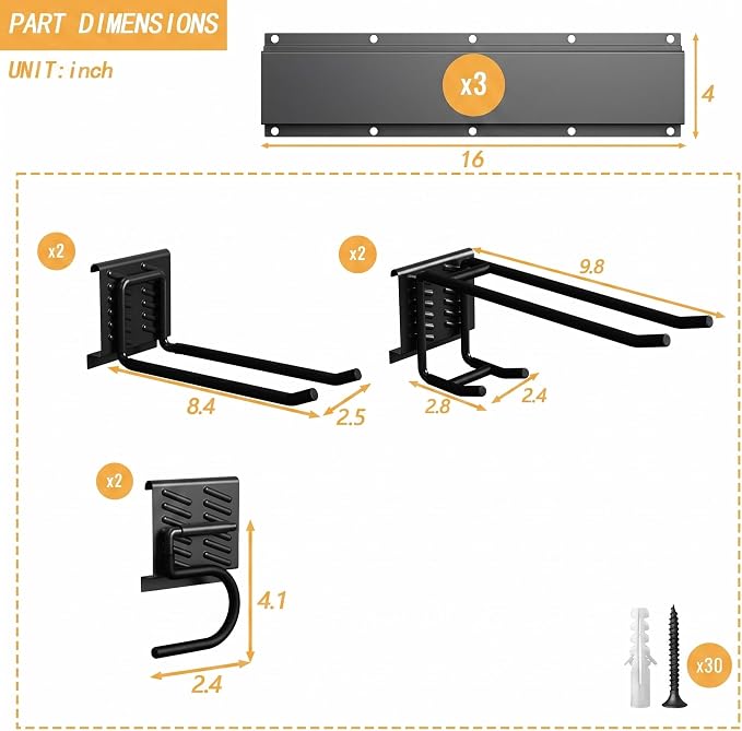 CBWLWJ Garage Tool Organizer Wall Mount, 48 inch Garage Wall Organizer, 400lbs Sturdy Garden Tool Organizer with 6 Adjustable Hooks, for Yard, Shed, Basement, Workshop(Black)