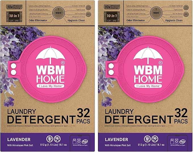 Natural Solution 5-in-1 Laundry Pods, Fabric Softener with Lavender Extracts, High Efficiency Detergent Pods with Powerful Stain Lifter Technology - 32 Count Bag (Pack of 2)