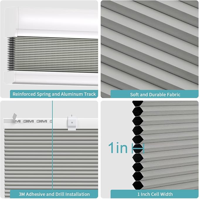 MYshade Cordless Cellular Window Shades No Tools No Drill Blackout Blinds for Indoor Windows Size 25" Wide X 64" Height Grey Room Darkening Window Blinds for Bedroom, Bathroom, Kitchen, Living Room