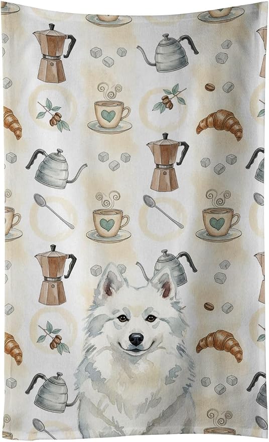 Caroline's Treasures American Eskimo Coffee Bar Kitchen Towel Velour Plush Front and Cotton Loop Back Machine Washable