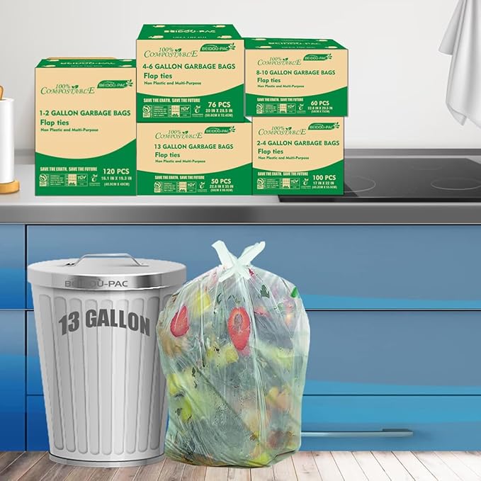 BEIDOU-PAC 13 Gallon Flap Tie Compostable Trash Bags, 50 Count, Compost Bags Tall Kitchen Trash Bags, Sturdy Biodegradable Garbage Bags Food Scrap Waste Bags, ASTM D6400, US BPI Certified, Green