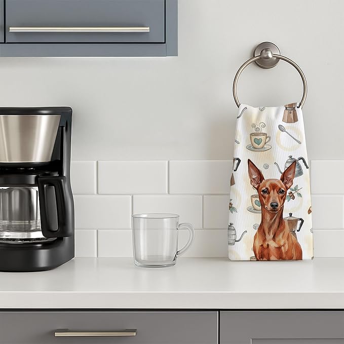 Caroline's Treasures Red Miniature Pinscher Min Pin Coffee Bar Kitchen Towel Velour Plush Front and Cotton Loop Back Machine Washable