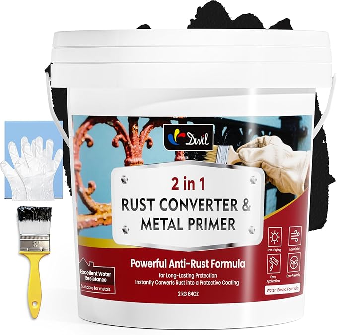 DWIL Rust Converter for Metal, 2 in 1 Rust Converter Paint and Primer, Converts Rust to Long-Lasting Protective Coating, Anti Rust and Rust Prevention Paint, No Sanding or Primer Needed, Black, 64 oz