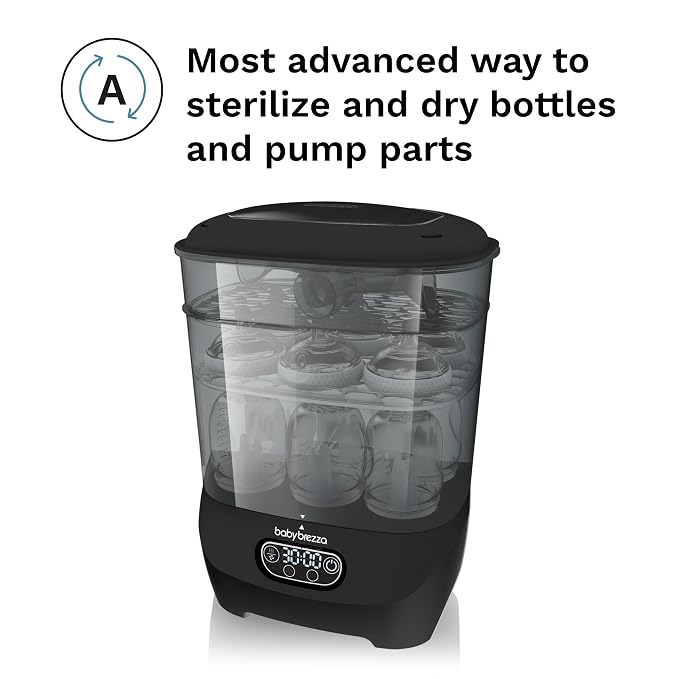 Baby Brezza Bottle Sterilizer and Dryer Advanced – 33% Faster - Largest Capacity Steam Sanitizer - Universal Sterilization Machine for All Bottles + Pump Parts - HEPA Air Filter, Black