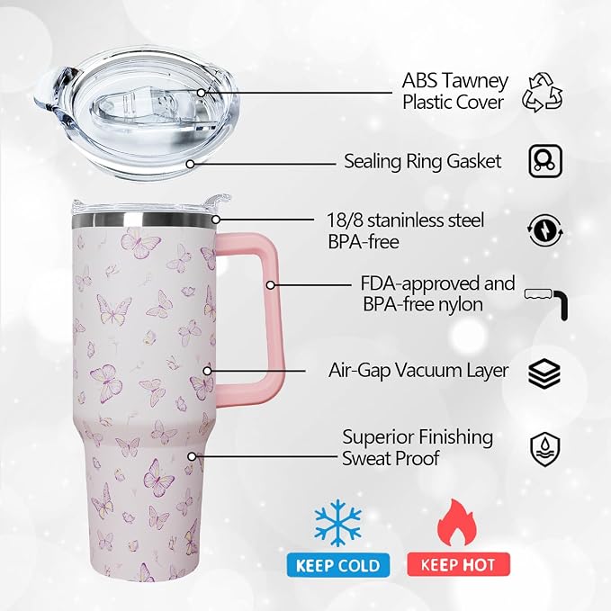 Ceovfoi 40 oz Butterfly Coffee Mug Cup, Vacuum Insulated Travel Tumbler with Handle, Lid and Straw, Butterfly Gifts, Stylish Accessories for Women Girls