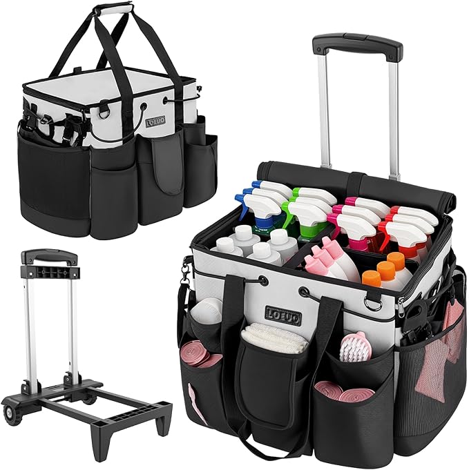 LOEUO Large Cleaning Caddy for Cleaning Supplies Organizer, Rolling Cleaning Caddy Bags with Wheels for Housekeepers, Cleaning Carts on Wheels for Home Car Office Picnic