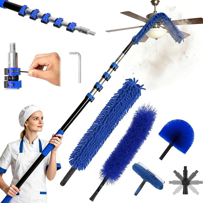26FT Reach Duster Kits, Window Cleaning kit with 5-20FT Telescoping Extension Pole, Cobweb Duster, Washable Fan Duster for Ceiling, Window Squeegee for Glass and Microfiber Feather Duster